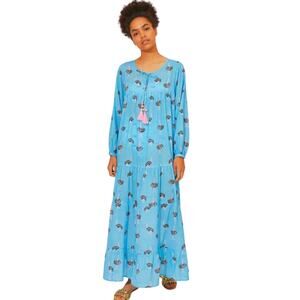 Compania Fantastica Flamingo Print Maxi Dress Small Blue Caftan Tassel Boho